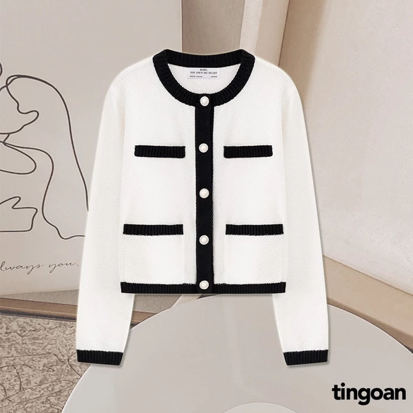TINGOAN® - Áo len xù cardigan 4 túi trắng viền đen JENNIFER CARDIGAN/WH PHIÊN BẢN T6.2026