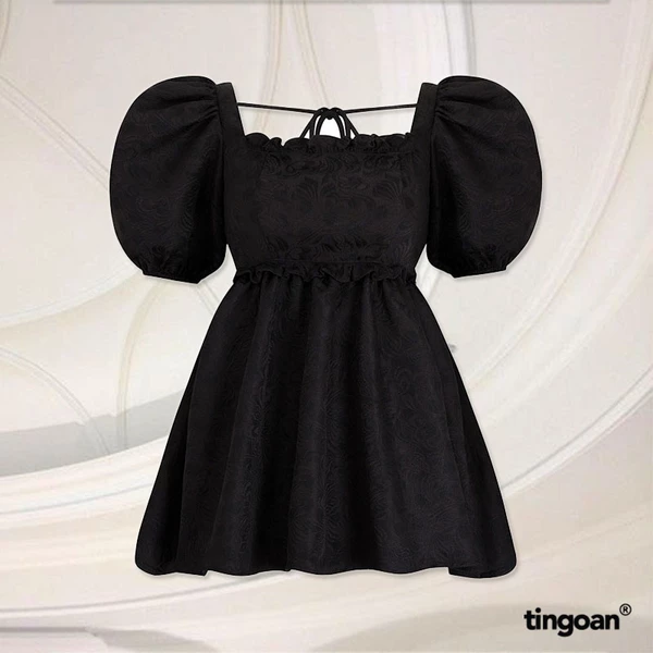TINGOAN® - Áo babydoll vải gấm cổ vuông buộc nơ lưng đen I’M BLUSHING TOP/BL