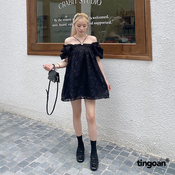TINGOAN® - Áo babydoll bồng 3 lớp mặc được 2 kiểu vân hoa đen kèm chi tiết đính cúc ngọc MINI HEART TOP/BL