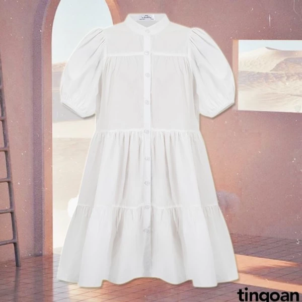 TINGOAN® - Váy babydoll cổ tàu vai phồng chống nhăn trắng BLOW ME DRESS/WH