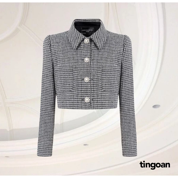 TINGOAN® - Áo tweed crop tweed lấp lánh cổ bẻ xám YOU’RE THE BESTIE JACKET/GR