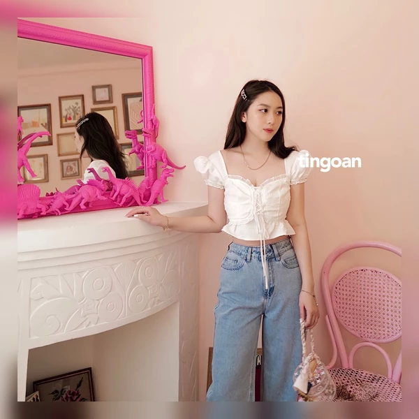 TINGOAN® - Áo croptop vai phồng cúp ngực đan dây gấm trắng ANGELA TOP/WH