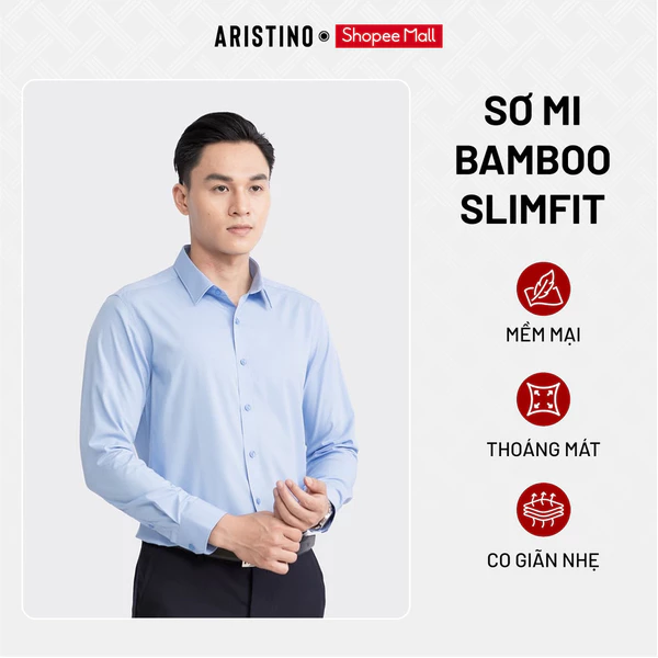 ARISTINO Áo Sơ Mi Nam Dài Tay Bamboo Slim Fit ALSR34 Xanh Solid Mềm Mại Thoáng Mát Thấm Hút Co Giãn