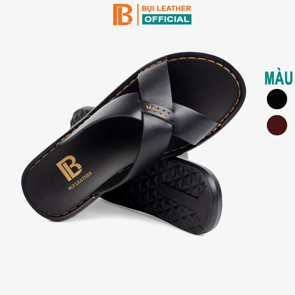 Dép nam quai ngang da bò Nappa cao cấp Bụi Leather E103, đế đúc nguyên khối khâu viền thủ công đi êm chân, BH 06 Tháng