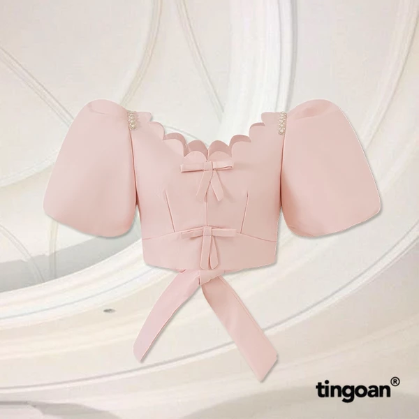 TINGOAN® - Áo croptop tafta thiết kế điệu tay bồng nơ lưng hồng LOVE LINER TOP/PK