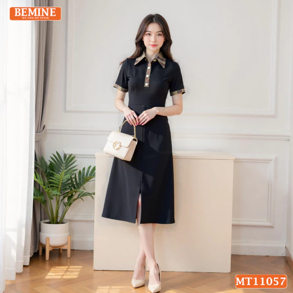 Đầm thiết kế BEMINE cổ sơ mi phối caro dáng chữ A phù hợp đi làm-MT11057