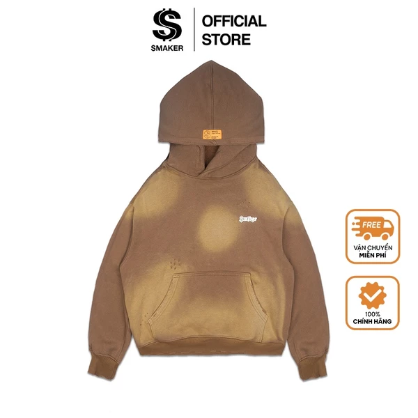 Áo khoác hoodie nâu 100% cotton washed màu nâu - METAL LOGO WASHED HOODIE IN BROWN