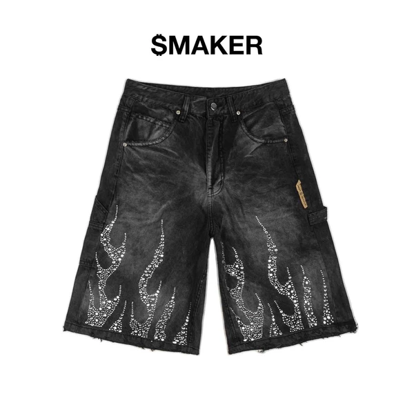 Quần baggy jeans lửng đen xám đính đá hoạ tiết lửa - DIAMOND FLAME WASHED BAGGY SHORT IN GREY