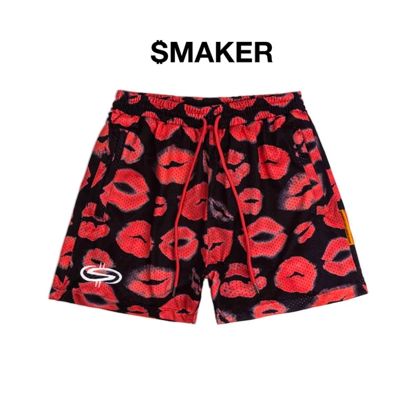 Quần đùi ngắn in hình môi đỏ vải lưới màu đen- THE KI$ MESH SHORT IN BLACK