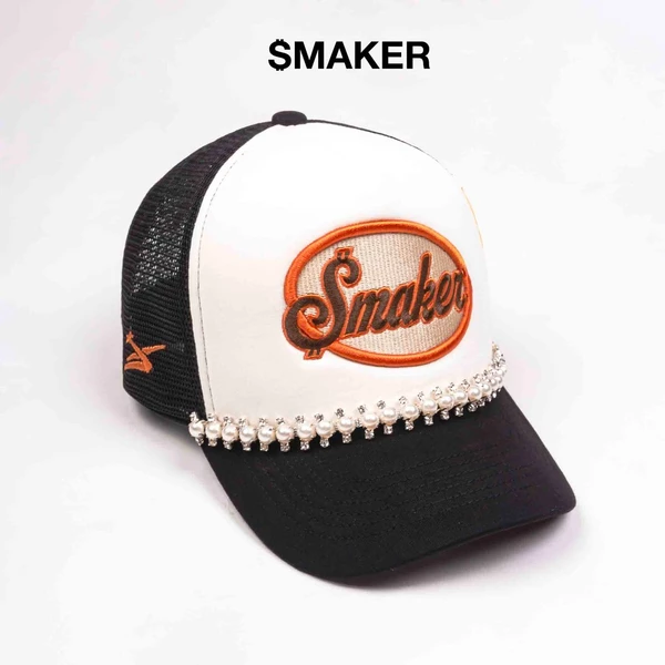 Nón mũ lưỡi trai đính hạt ngọc trai lấp lánh chất liệu lưới màu đen - $MAKER PEARL TRUCK HAT IN BLACK