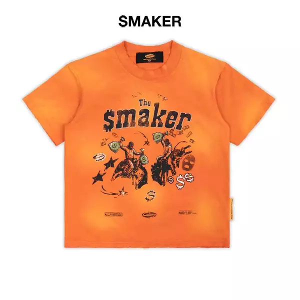 Áo thun 100% cotton màu cam in hình form dáng slim fit - THE $MAKER COWBOYS WASHED TEE IN ORANGE