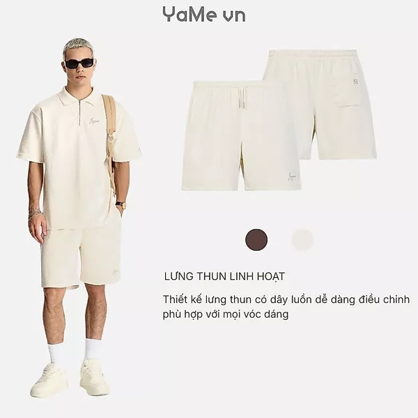Quần đùi lưng thun vải dệt vân nổi, ống rộng, phom rộng F4 - The No Style 129 23936 |YaMe|