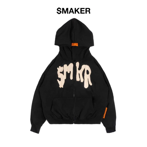 Áo khoác zip màu đen 100% Cotton tay dài che nắng - SMKR ZIP HOODIE IN BLACK