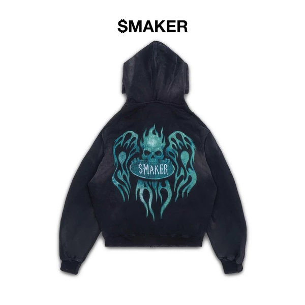 Áo khoác 100% cotton màu đen chống nắng hình ngọn lửa FLAME $MAKER WASHED ZIP HOODIE IN BLACK