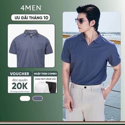 Áo Polo Sọc Chìm Cổ V 4MEN Form Regular PO189 Vải Thun Vân, Thanh Lịch, Thoáng Mát
