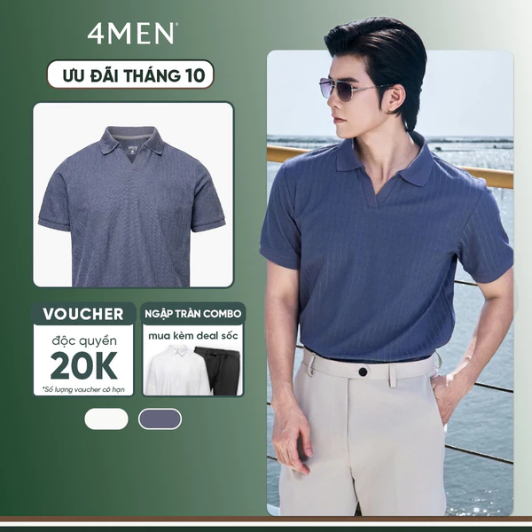 Áo Polo Sọc Chìm Cổ V 4MEN Form Regular PO189 Vải Thun Vân, Thanh Lịch, Thoáng Mát