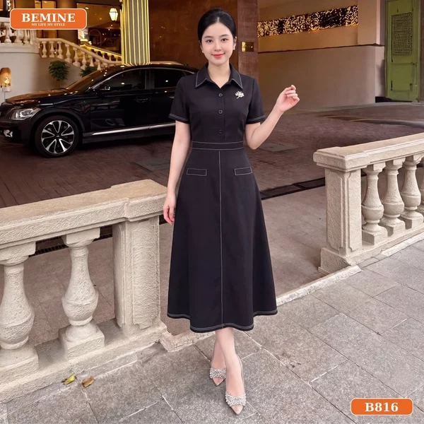 Đầm thiết kế BEMINE cổ sơ mi chạy viền chỉ nổi dáng chữ A phù hợp đi làm-B816