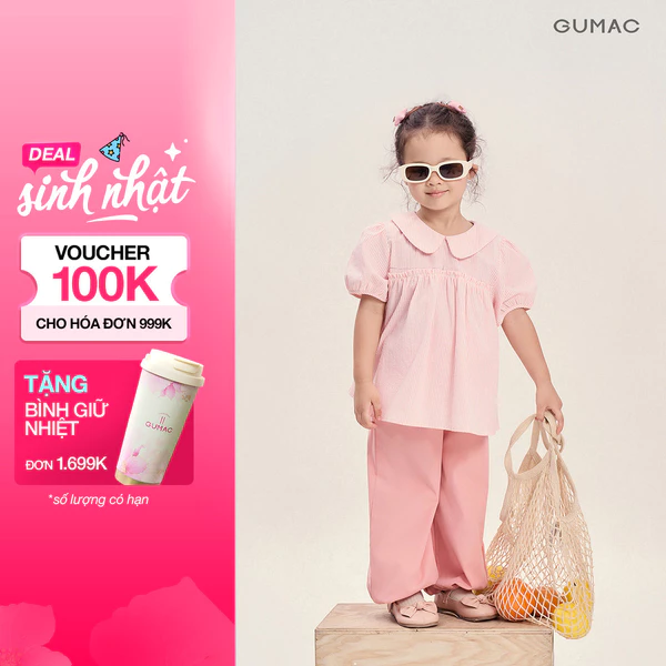 Áo Kiểu Bé Gái GUMAC Form Babydoll Cổ Lá Sen Tay Phồng Kate Sọc Tiểu Thư AKG04050