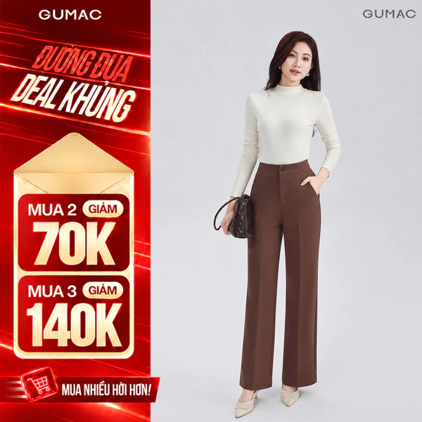 Quần Ống Suông Nữ 96cm GUMAC Quần Tây Công Sở Lưng Cao Vải Tuyết Mưa Cạp Cao Tôn Dáng LQF0415