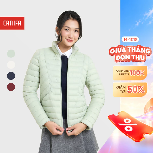 Áo khoác chần bông nữ CANIFA dài tay không mũ siêu nhẹ siêu ấm 6OT25W009