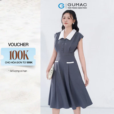 Đầm nữ GUMAC A cổ V phối trắng xếp ly 2 lớp vải bố linen dày dặn thanh lịch  DF05054