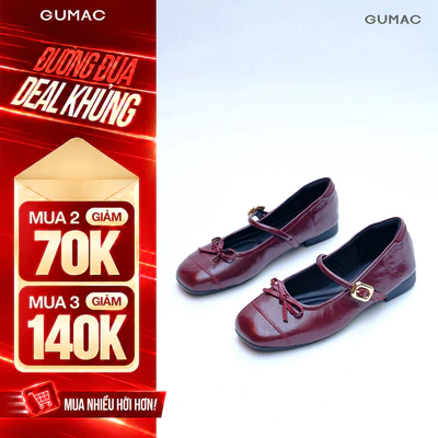 Giày Bệt Nữ GUMAC Giày Búp Bê Mũi Tròn Đính Nơ Da PU Có Quai Ngang Khóa Kim Loại Êm Chân GG05027