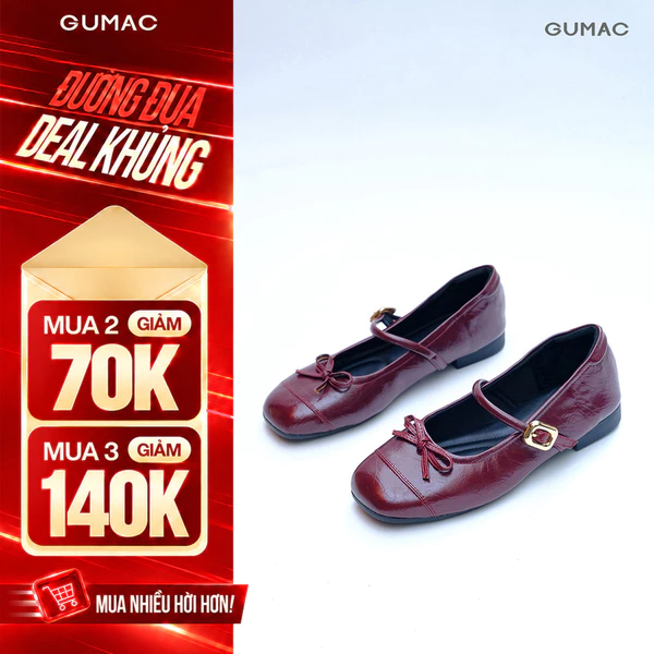 Giày Bệt Nữ GUMAC Giày Búp Bê Mũi Tròn Đính Nơ Da PU Có Quai Ngang Khóa Kim Loại Êm Chân GG05027