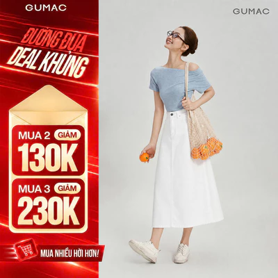 Chân Váy Jeans Nữ GUMAC Form A Dài Qua Gối Thanh Lịch Tôn Dáng Hiện Đại LVG06046