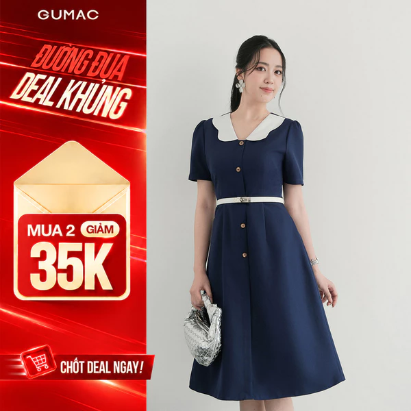 Đầm Dáng A Nữ GUMAC Váy Công Sở Phối Bâu Trắng Dáng Dài Qua Gối Nhẹ Nhàng Nữ Tính LDD1214