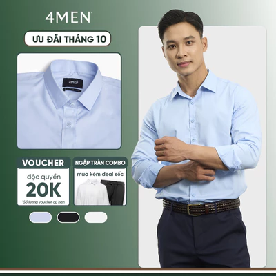 Áo Sơ Mi Trơn Tay Dài Đẹp 4MEN Form Slimfit SM205 Vải Baboo, Công Sở, Trẻ Trung