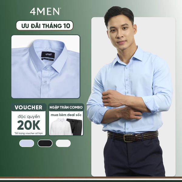 Áo Sơ Mi Trơn Tay Dài Đẹp 4MEN Form Slimfit SM205​ Vải Baboo, Công Sở, Trẻ Trung
