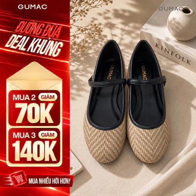 Giày Búp Bê Nữ GUMAC Mũi Tròn Đế Thấp 2cm Da Vân Đan Quai Ngang Đính Hoa Nữ Tính Thanh Lịch GG08098