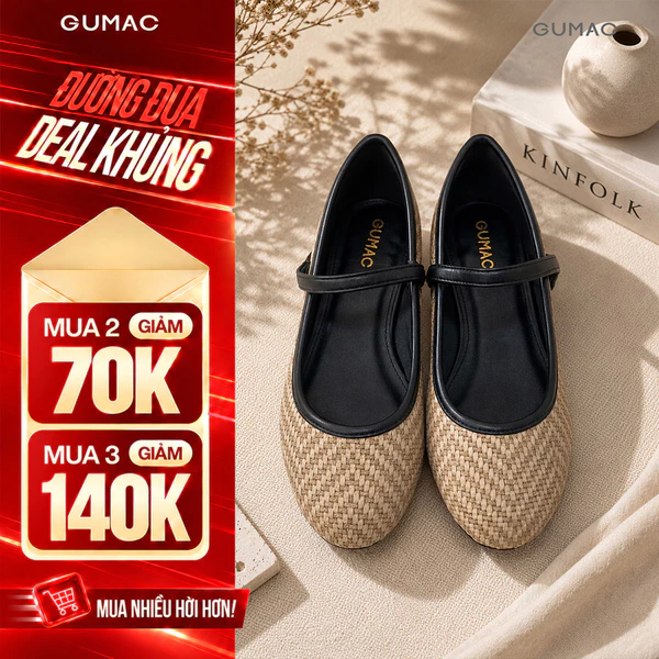 Giày Búp Bê Nữ GUMAC Mũi Tròn Đế Thấp 2cm Da Vân Đan Quai Ngang Đính Hoa Nữ Tính Thanh Lịch GG08098