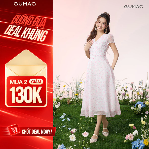 Đầm Nữ GUMAC Form A Xòe Họa Tiết Hoa Hai Lớp Cột Eo Màu Hồng Nữ Tính Thanh Lịch Đi Làm Đi Tiệc DG07052
