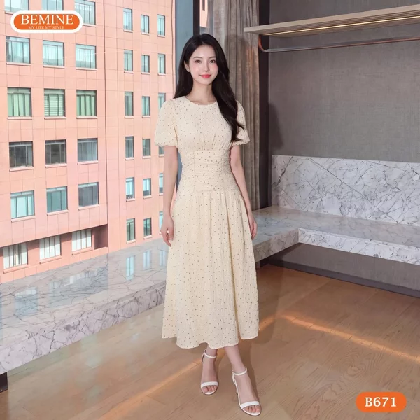 Đầm thiết kế BEMINE cổ tròn nhún eo dáng chữ A phù hợp đi chơi-B671