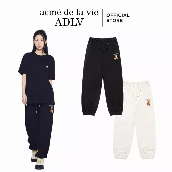 Quần Nỉ ADLV AC Bear Basic Logo dáng oversized màu Đen/Kem - Hàng chính hãng