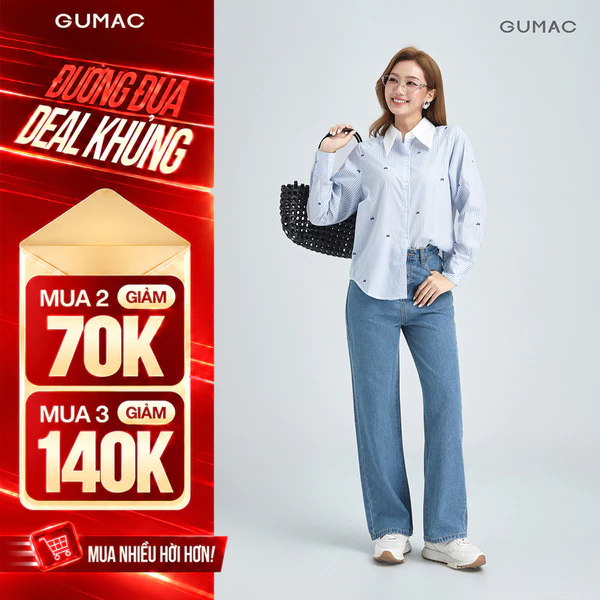 Quần Jeans Nữ Dáng Suông Vừa GUMAC Màu Xanh Đậm Tôn Dáng Chất Jeans Mềm Đứng Form LQJE1109