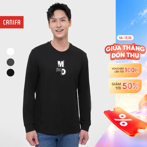 Áo phông dài tay nam CANIFA cổ tròn dáng rộng có hình in 8TL25W003