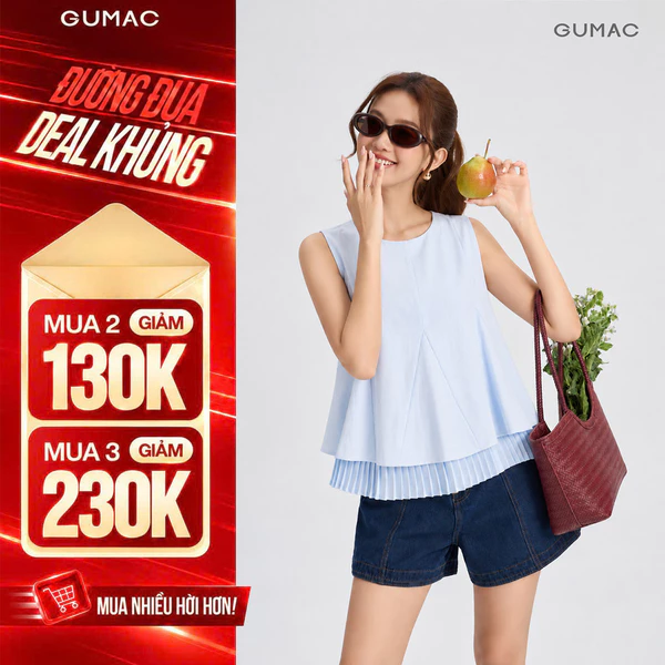 Áo Kiểu Nữ GUMAC - Gmorning Không Tay Cổ Tròn Form Suông Xòe Lai Xếp Ly YAG09146