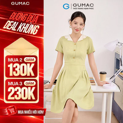 Đầm Nữ GUMAC Form A Thanh Lịch Cổ V Cách Điệu Phối Màu Thanh Lịch DF08005