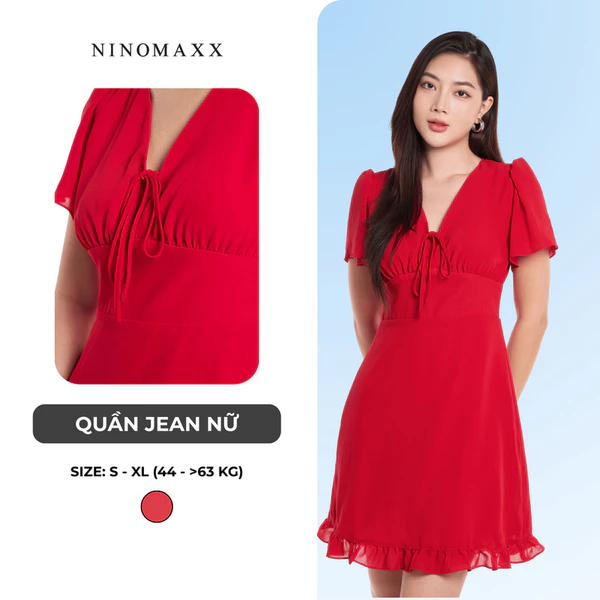 Đầm Nữ Dáng Xòe Cổ Chữ V Màu Đỏ Thời Trang Trẻ Trung Thanh Lịch NINOMAXX 2409002