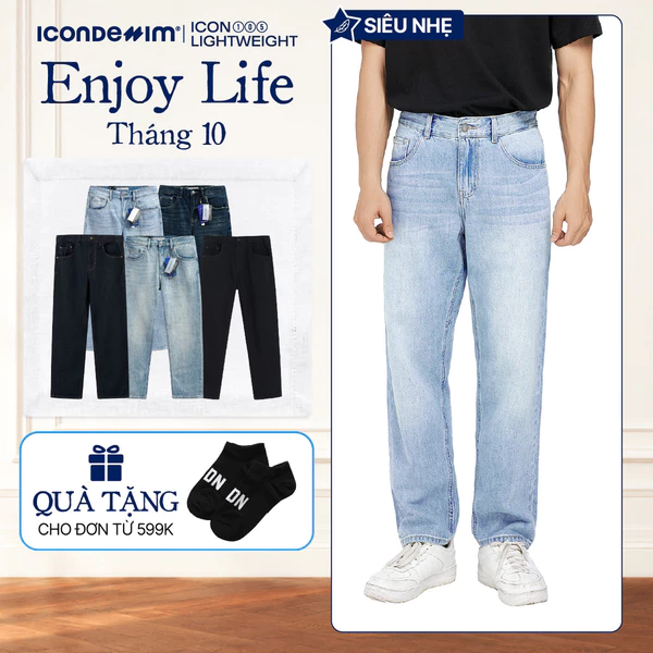 Quần jeans nam ICONDENIM, quần bò ống đứng, dáng suông, công nghệ Lightweight siêu nhẹ, chống nhăn tốt ICON105