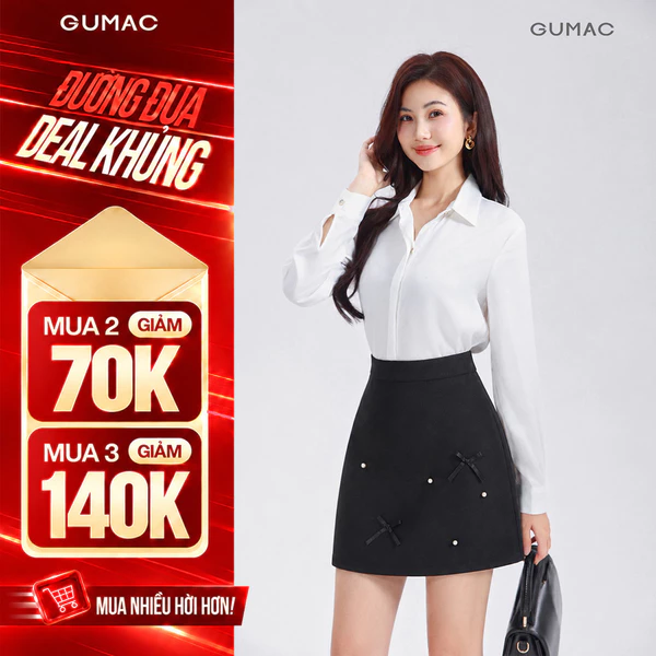 Chân Váy Nữ GUMAC Form A Đính Hạt Phối Nơ Trang Trí Có Lót Quần Thoải Mái Tự Tin Vận Động LVG05047