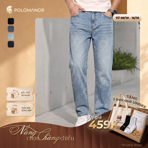 Quần jean nam ống rộng POLOMANOR, BST THE REAL JEANS, form Straight thoải mái