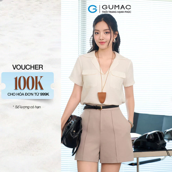 Áo Kiểu Nữ GUMAC Form Suông Tay Ngắn Cổ Danton Túi Đắp Trang Trí Hiện Đại AF07019