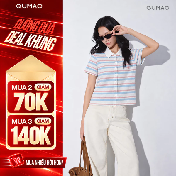 Áo Polo Nữ Gmorning - GUMAC Form Slim Cổ Polo Phối Bo Trắng Thêu Cỏ 4 Lá YAPG10029