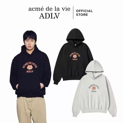 Áo Hoodie ADLV Bear Doll Hug Brown Line Friends dáng oversized màu Đen/Xám nhạt - Hàng chính hãng