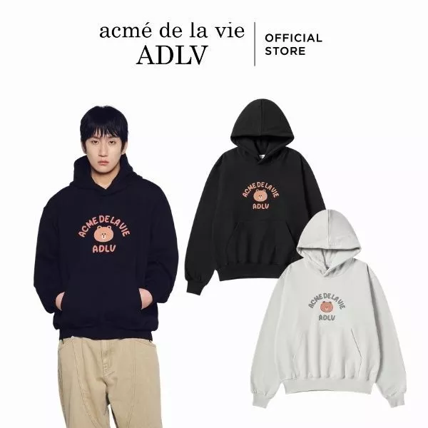 Áo Hoodie ADLV Bear Doll Hug Brown Line Friends dáng oversized màu Đen/Xám nhạt - Hàng chính hãng