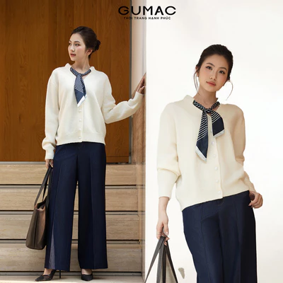 Áo len cardigan nữ GUMAC form suông cổ kèm khăn đính tay dài  AF11047