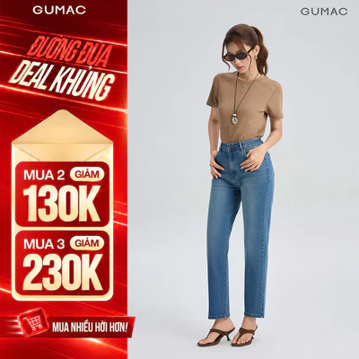 Quần Jeans Nữ GUMAC Form Ống Ôm Co Giãn Bảng Lưng Con Đỉa Nút Logo Sang Trọng QJG07090